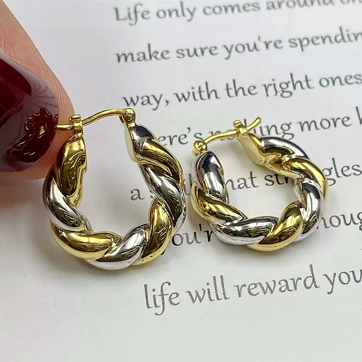 18K Solid Gold Two-Tone Twisted Hoops