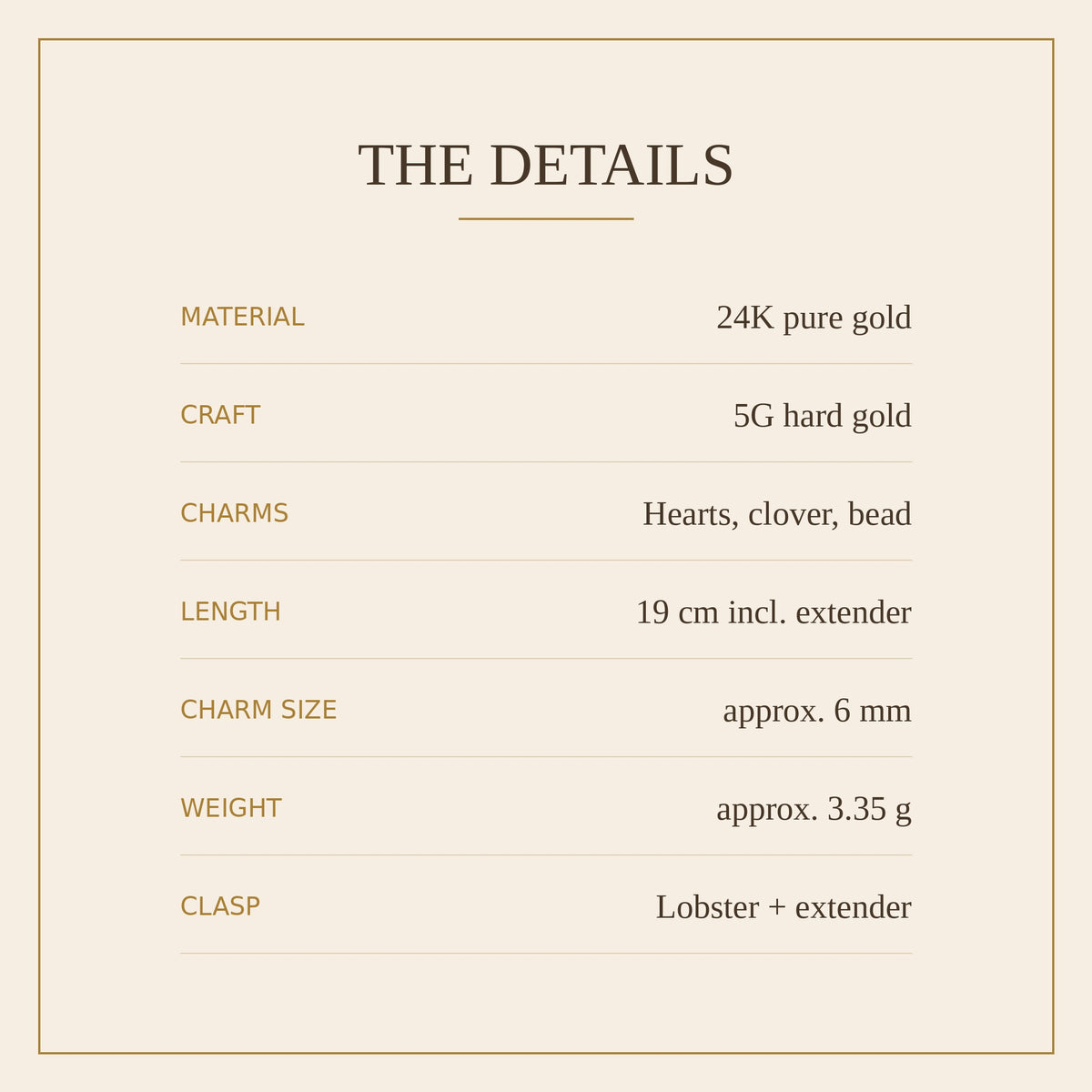 24K Pure Gold Heart & Clover Charm Bracelet