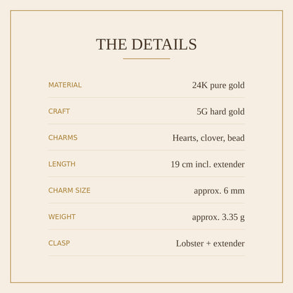 24K Pure Gold Heart & Clover Charm Bracelet