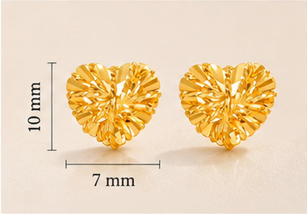 24K Pure Gold Textured Heart Stud Earrings