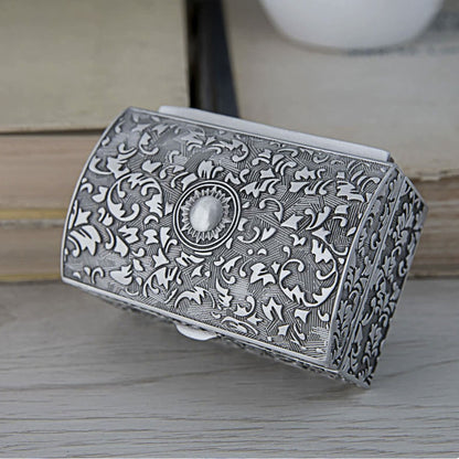 Vintage Treasure Chest Jewelry Box – Antique Pewter Floral Trinket Box with Velvet Lining