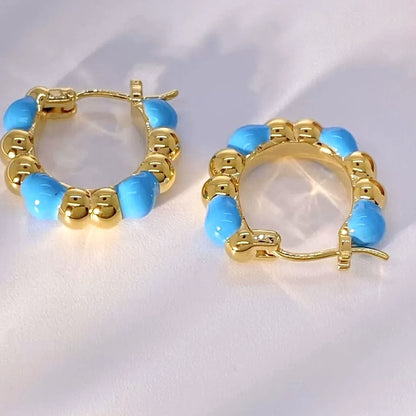 18K Solid Gold Blue Enamel Bubble Hoops