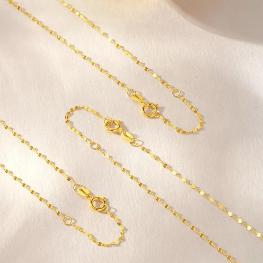 18K Solid Gold Sparkle Mirror Chain – Dainty Lips Link Necklace 45 cm