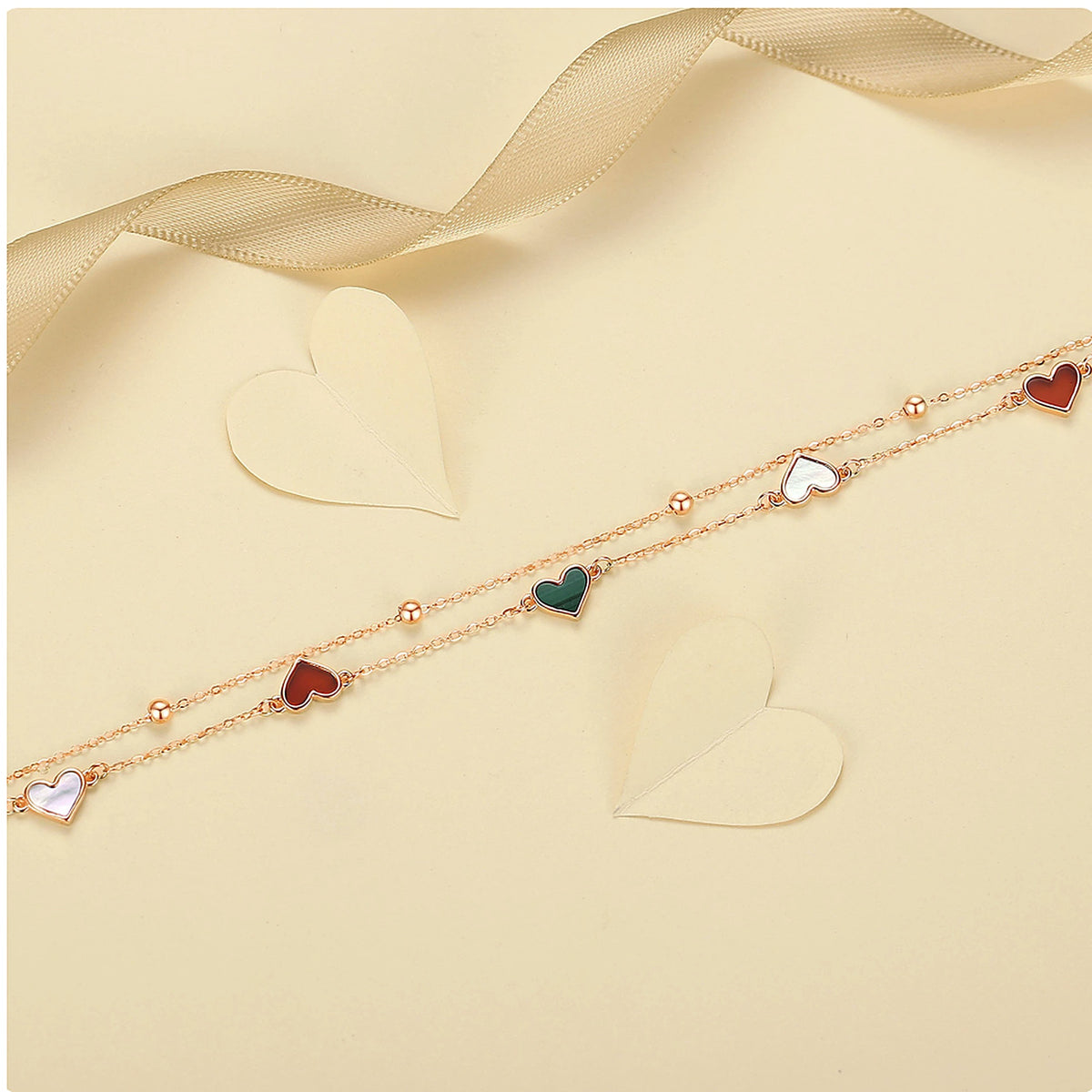 18K Rose Gold Double Chain Heart Bracelet with Agate, Mother of Pearl & Malachite
