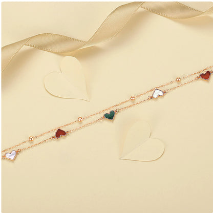 18K Rose Gold Double Chain Heart Bracelet with Agate, Mother of Pearl & Malachite