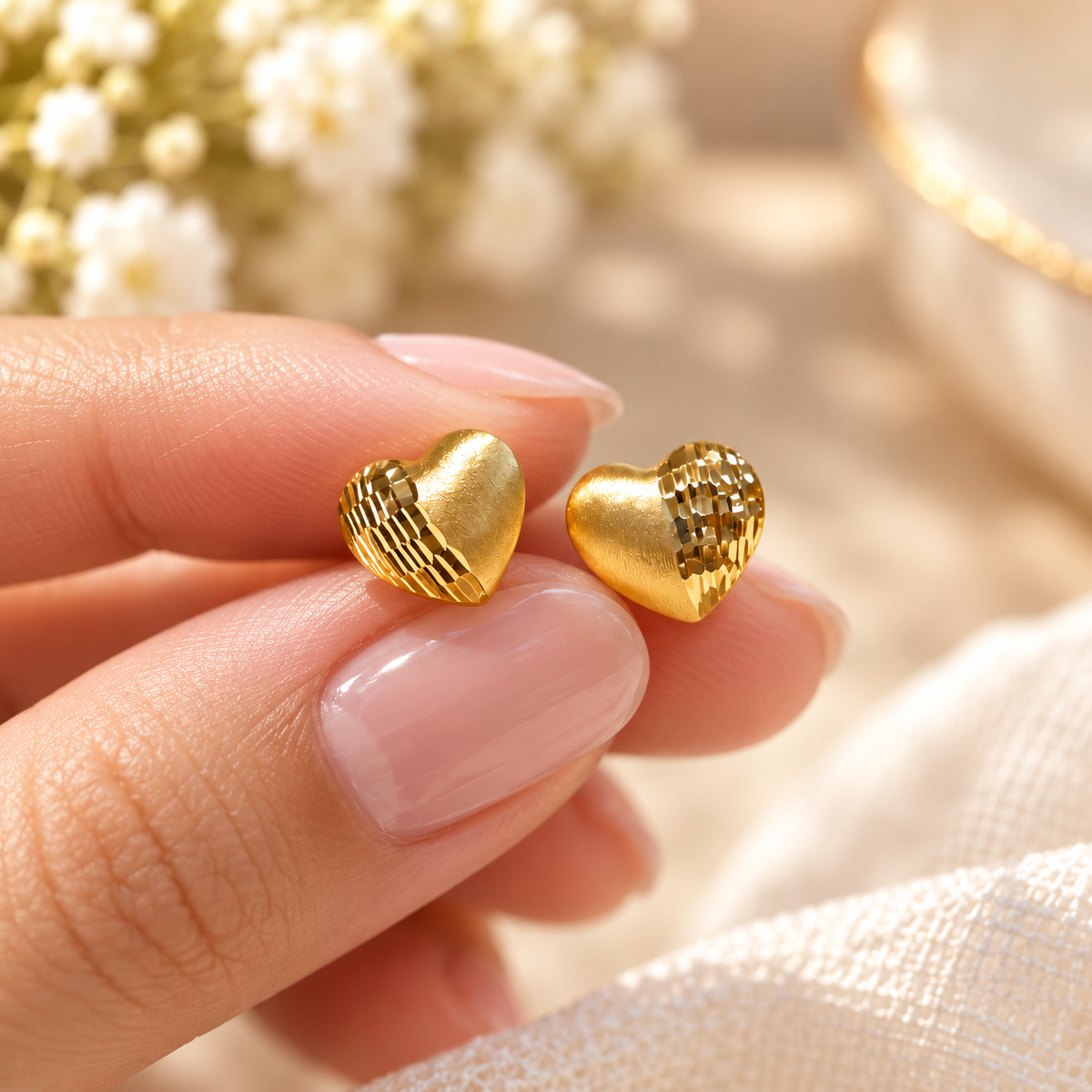 18K Solid Gold Heart Stud Earrings, Diamond-Cut & Brushed Finish, Minimalist Love Gift