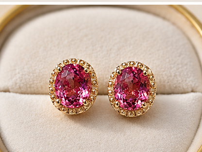Natural Pink Tourmaline Stud Earrings, Oval Faceted Gemstones, K Gold Setting