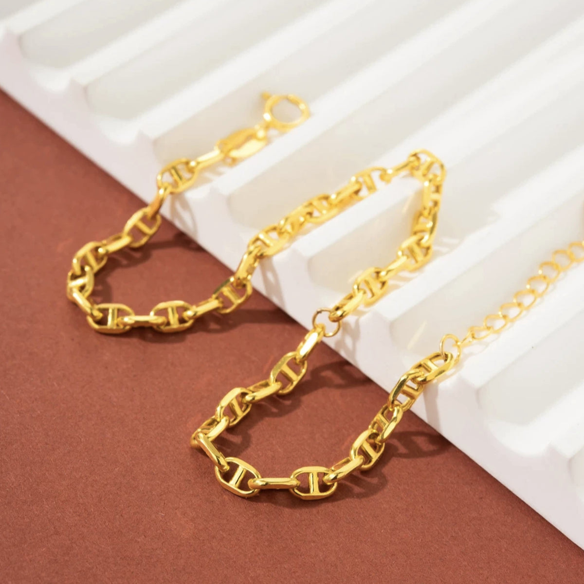 18K Solid Gold Mariner Link Bracelet – Dainty Anchor Chain Bracelet, Adjustable 16–19 cm