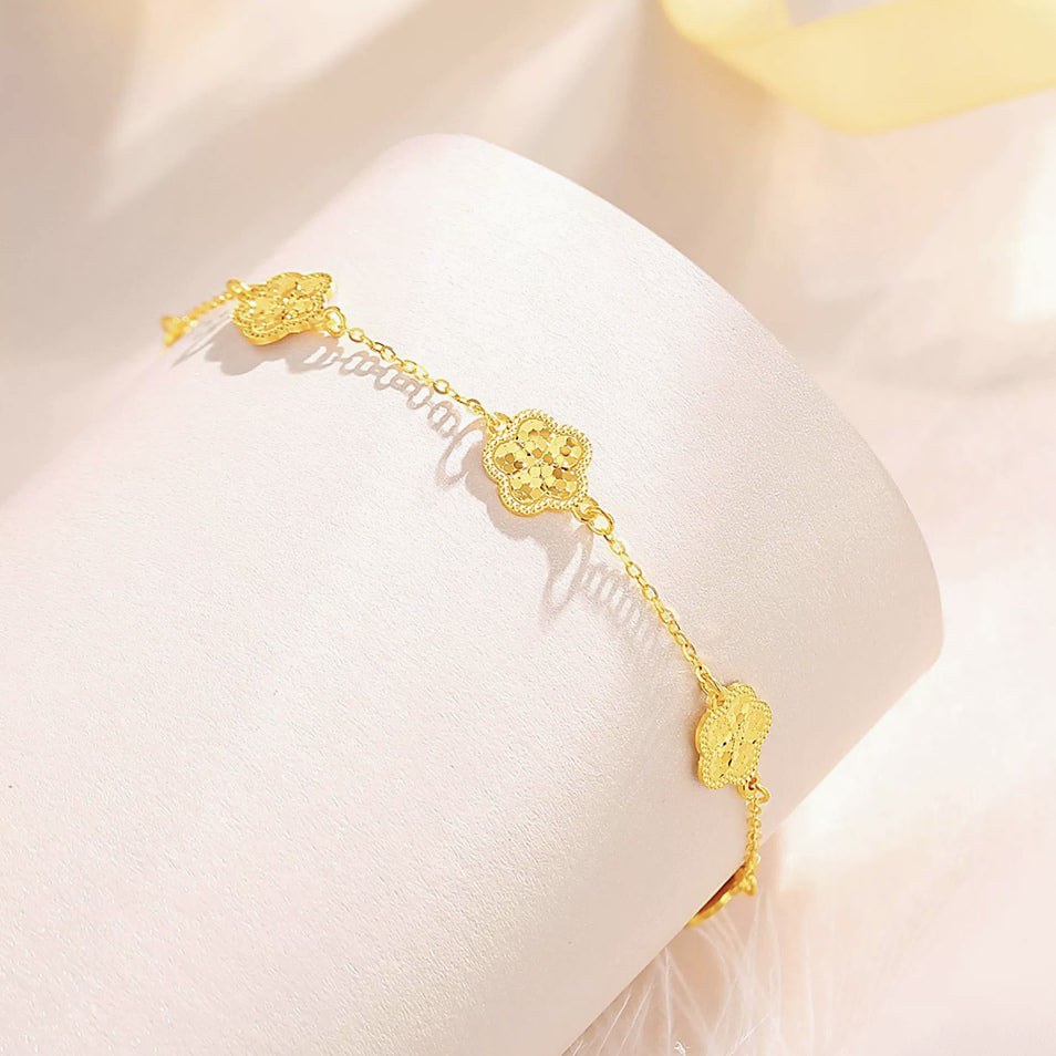 24K Pure Gold Flower Station Bracelet – 999 Fine Gold Five Blossom Chain Bracelet