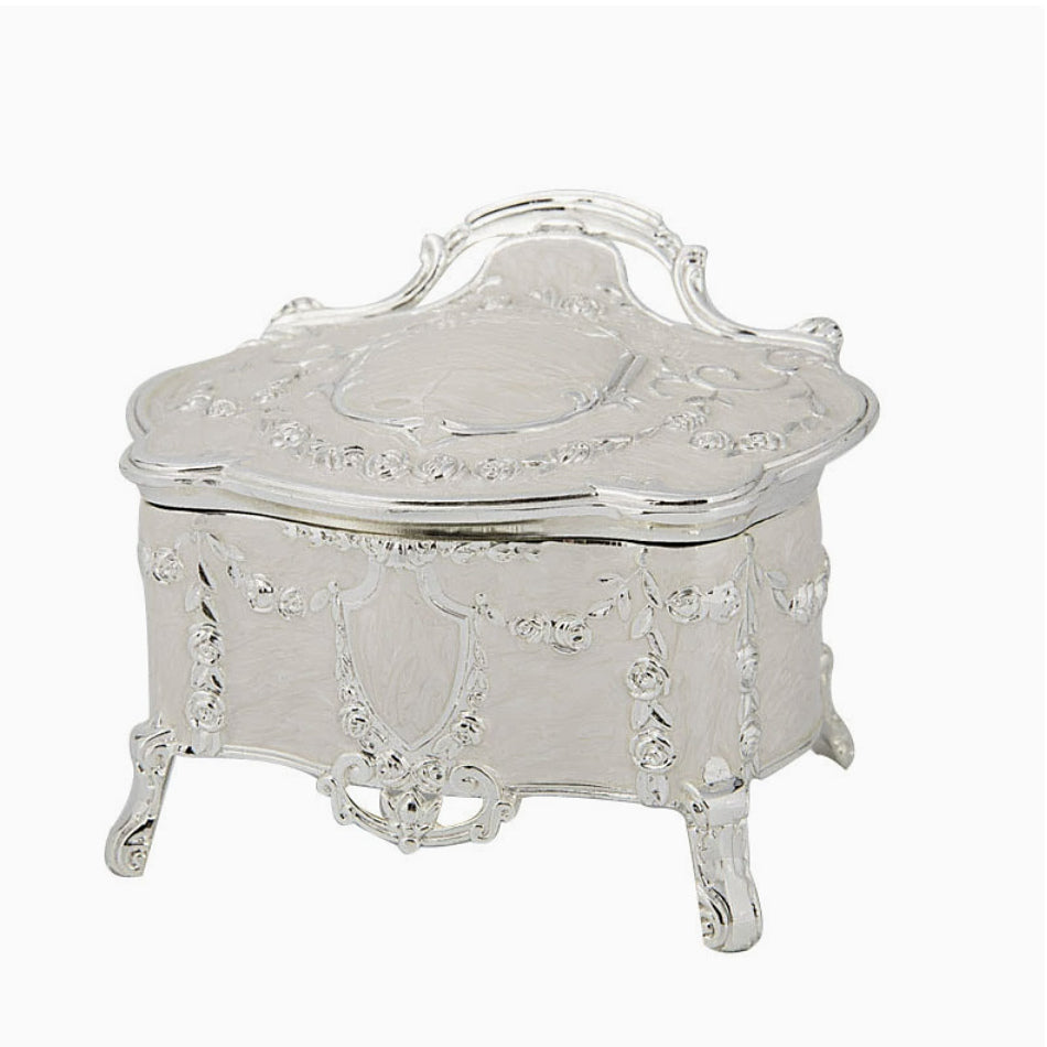 Vintage Baroque Jewelry Box – Rose Garland Footed Trinket Box, Pearl White or Antique Pewter