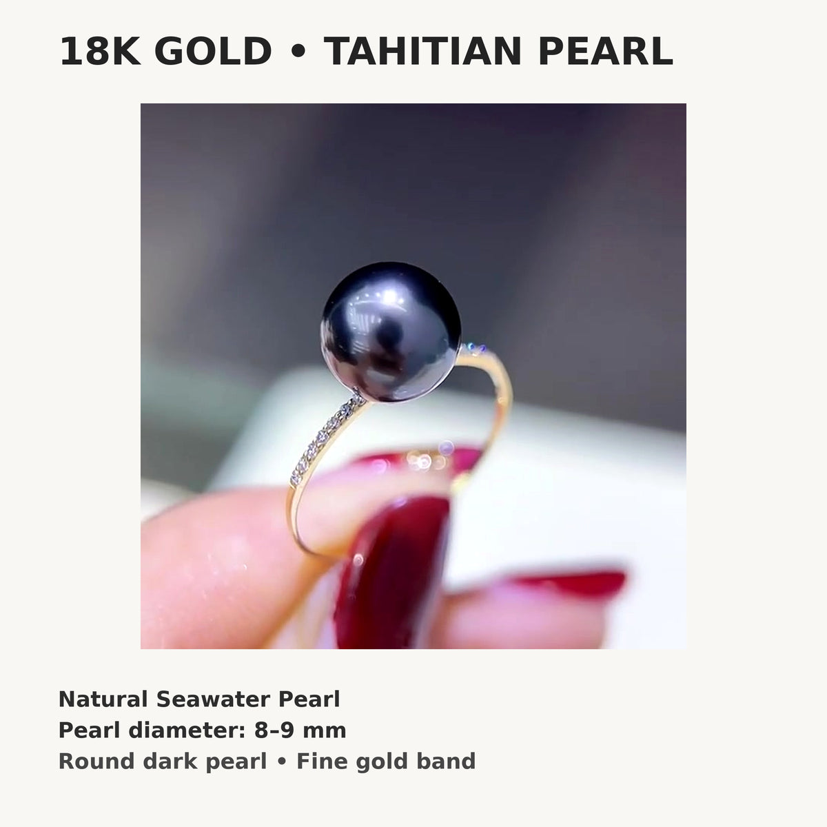 18K Solid Gold Tahitian Pearl Ring, 8-9mm Black Seawater Pearl, Elegant Solitaire Jewelry