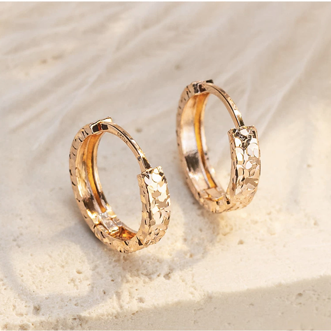 18K Gold Diamond-Cut Huggie Hoops – Sparkle Texture Small Hoop Earrings, Pair