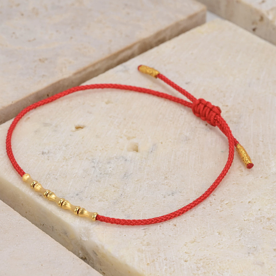 18K Solid Gold Bamboo Bead Red String Bracelet – Brushed Gold, Adjustable Cord