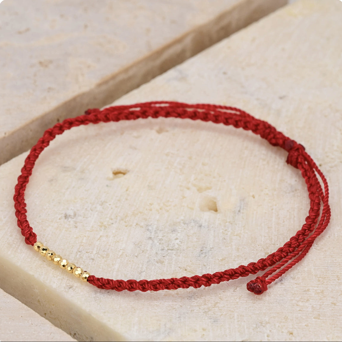 18K Solid Gold Eight Bead Red String Bracelet – Dainty Braided Cord, Adjustable