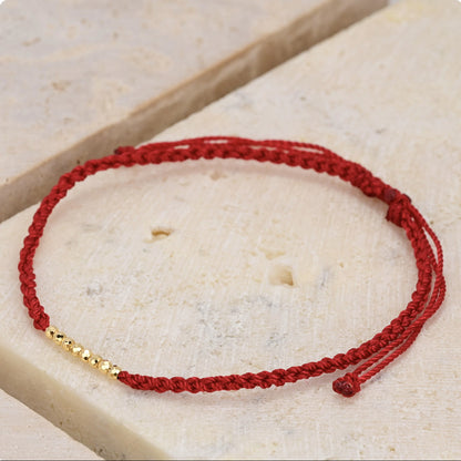 18K Solid Gold Eight Bead Red String Bracelet – Dainty Braided Cord, Adjustable