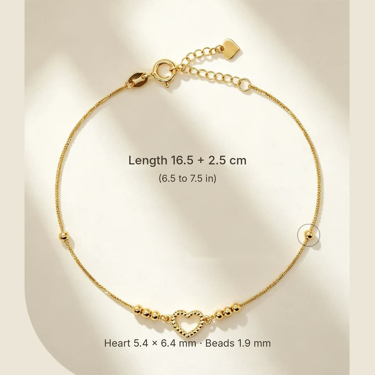 18K Solid Gold Open Heart Bracelet – Dainty Bead Chain with Diamond-Cut Heart