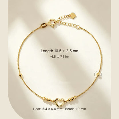 18K Solid Gold Open Heart Bracelet – Dainty Bead Chain with Diamond-Cut Heart