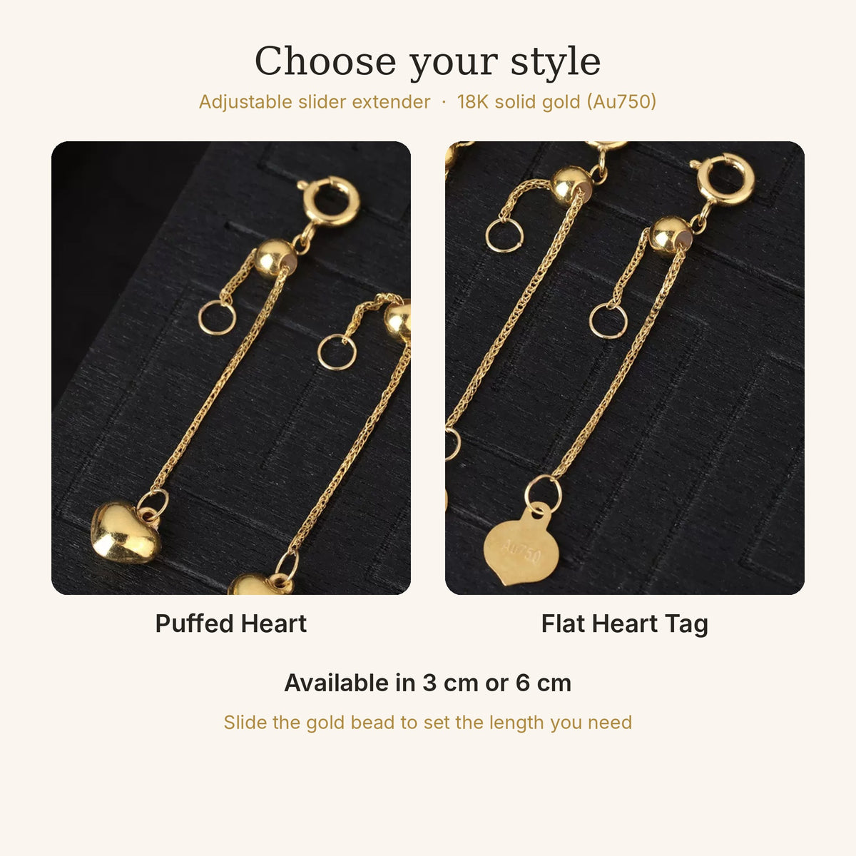 18K Solid Gold Adjustable Slider Extender – Heart Charm