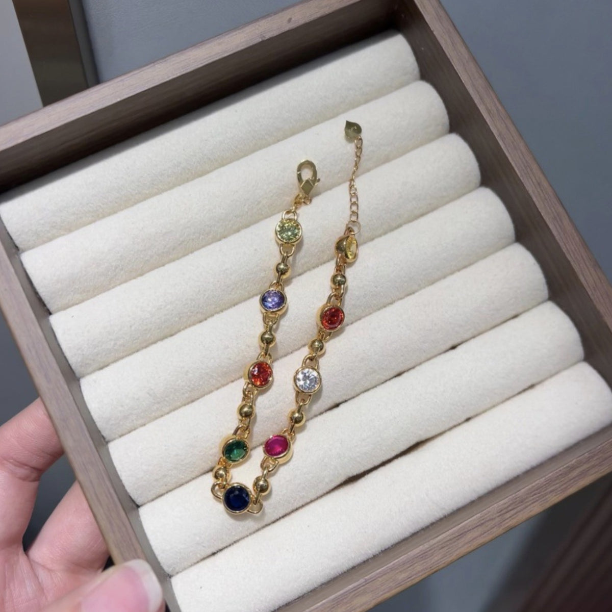 18K Gold Rainbow Bezel Bracelet – Multicolor Stone and Gold Bead Station Bracelet