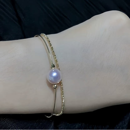 18K Solid Gold Akoya Pearl Double Bangle