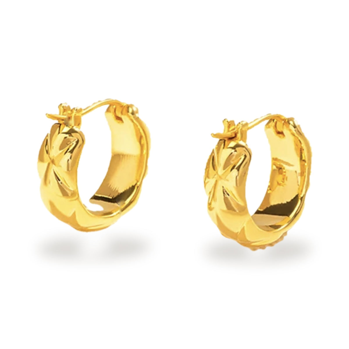 18K Solid Gold Quilted Hoop Earrings – Chunky 16 mm Huggies