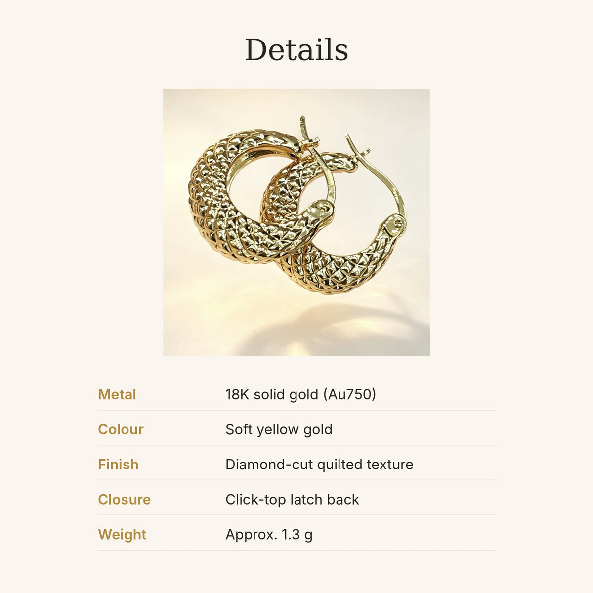 18K Solid Gold Quilted Hoop Earrings