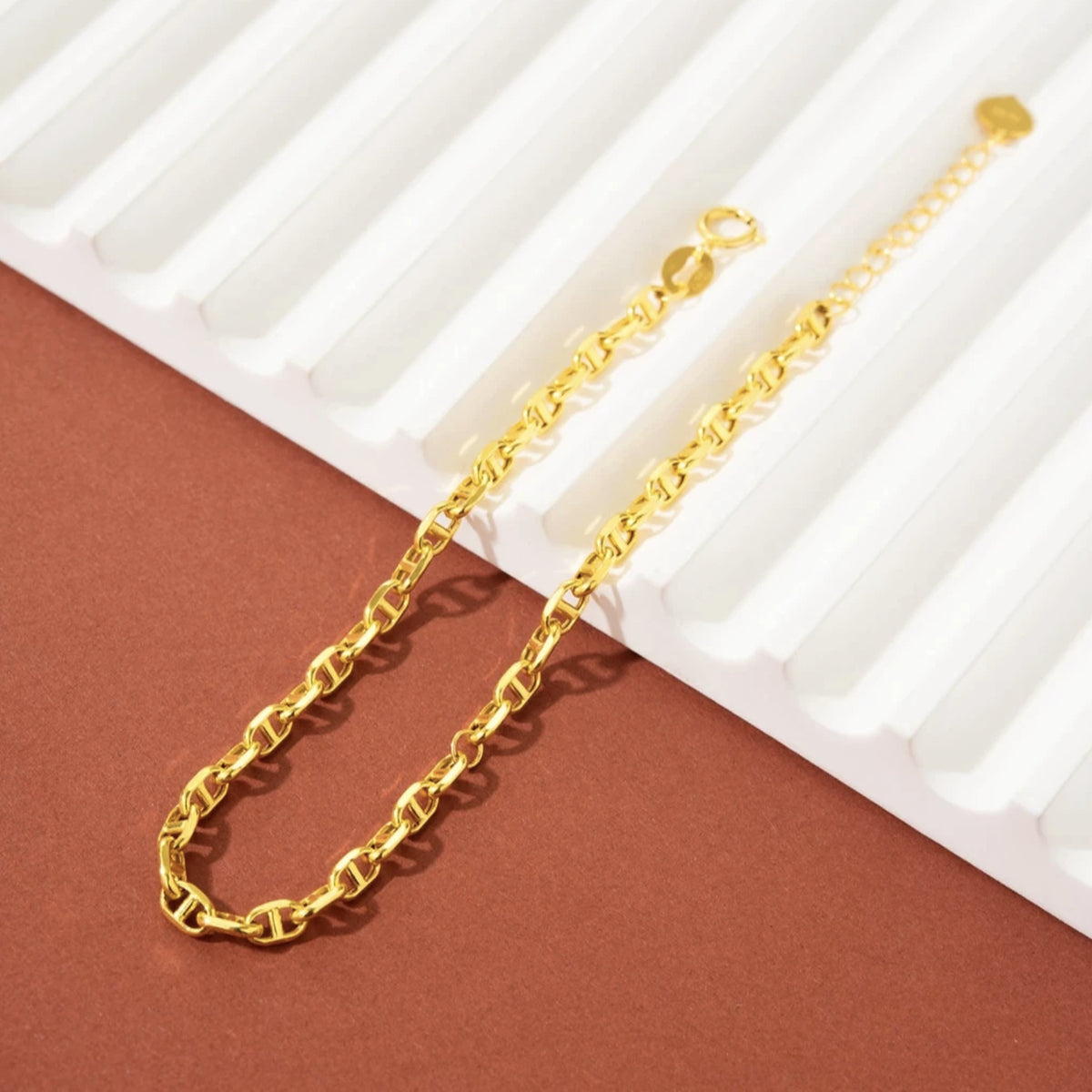18K Solid Gold Mariner Link Bracelet – Dainty Anchor Chain Bracelet, Adjustable 16–19 cm