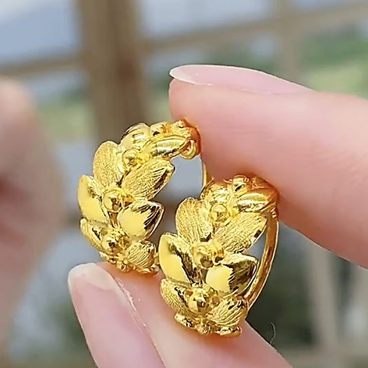 24K Pure Gold Olive Branch Huggie Hoops