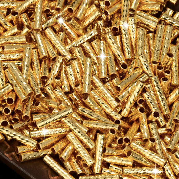 18K Solid Gold Diamond-Cut Tube Beads – Long 6mm or Short 3mm, Pack of 10