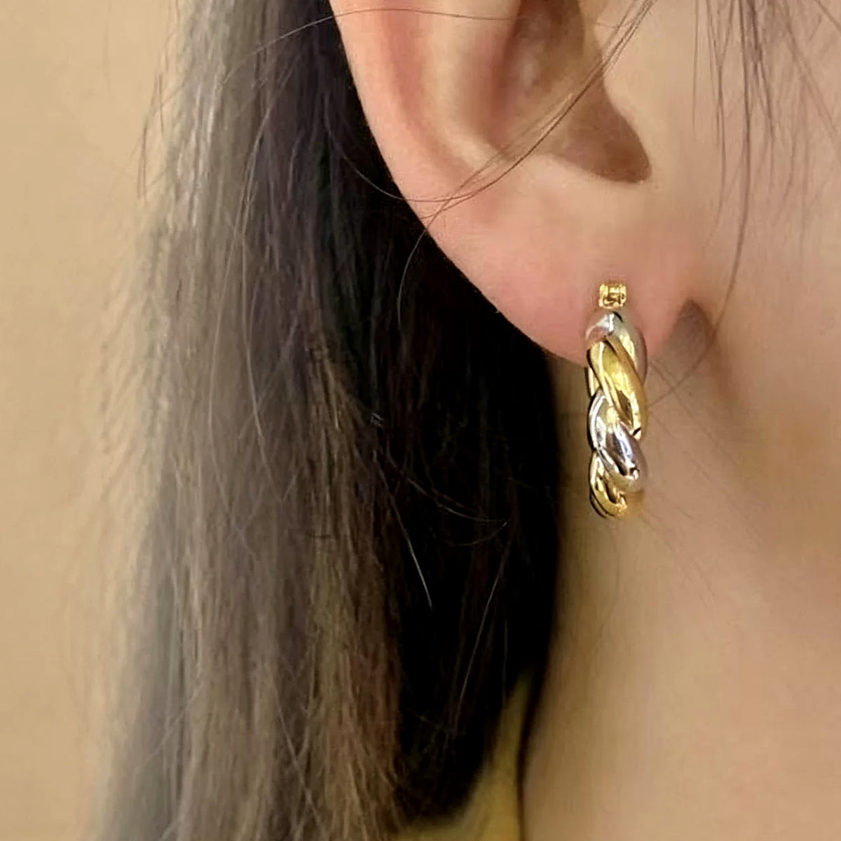 18K Solid Gold Two-Tone Twisted Hoops
