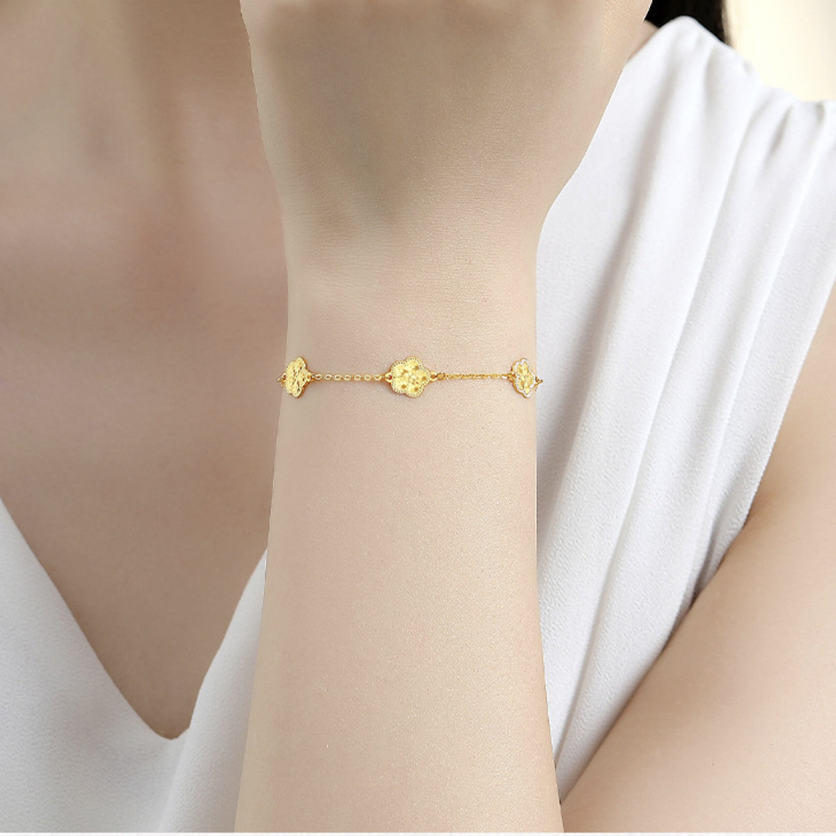 24K Pure Gold Flower Station Bracelet – 999 Fine Gold Five Blossom Chain Bracelet