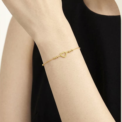 18K Solid Gold Open Heart Bracelet – Dainty Bead Chain with Diamond-Cut Heart