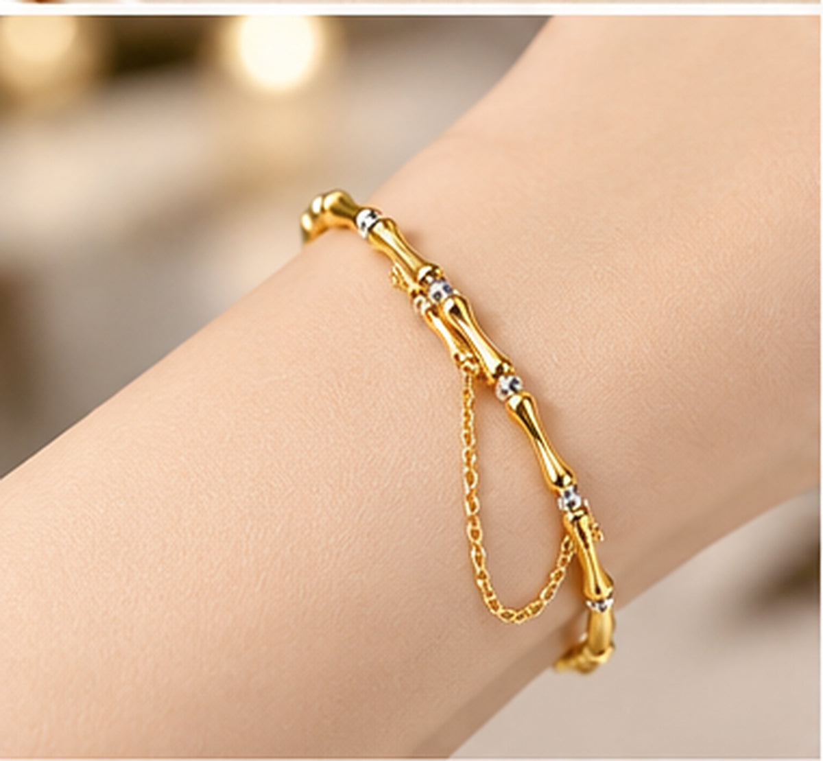 18K Solid Gold Bamboo Link Bracelet with Two-Tone Beads