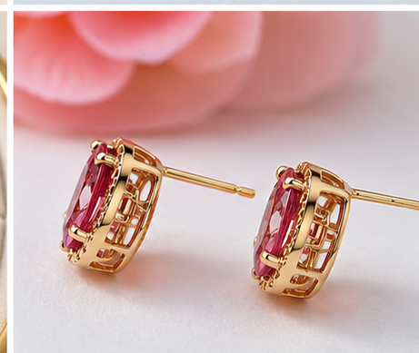 Natural Pink Tourmaline Stud Earrings, Oval Faceted Gemstones, K Gold Setting