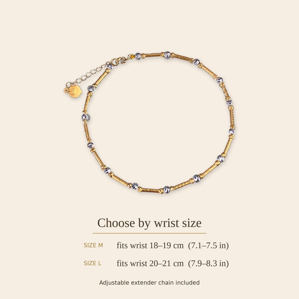 18K Solid Gold Two-Tone Tube & Bead Bracelet