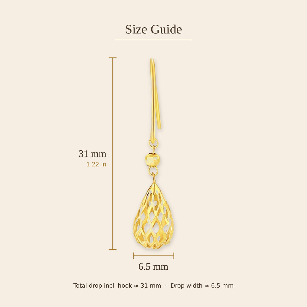 18K Solid Gold Filigree Teardrop Earrings
