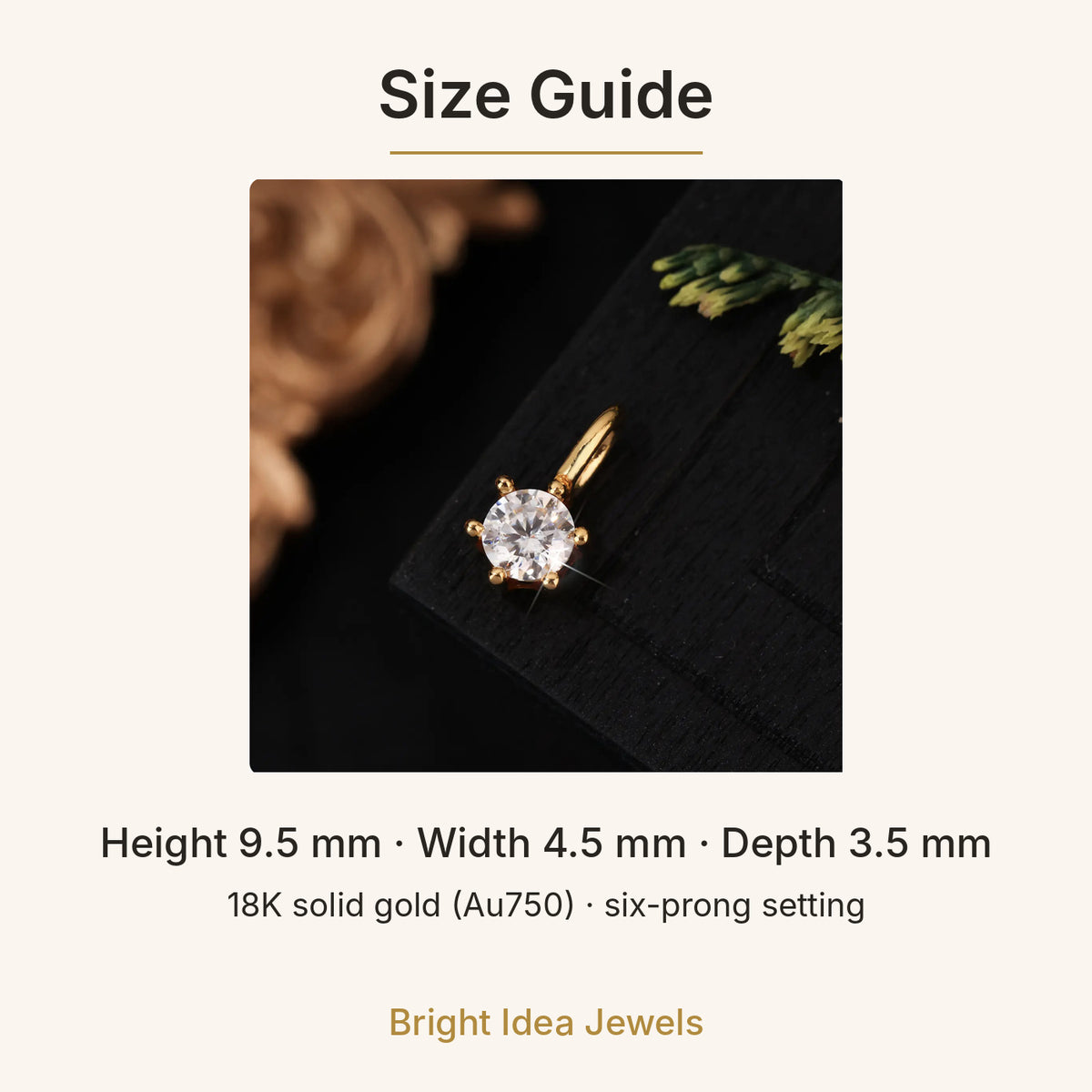 18K Solid Gold Six-Prong Solitaire Charm – Tiny Sparkle Drop Pendant for Necklace or Bracelet