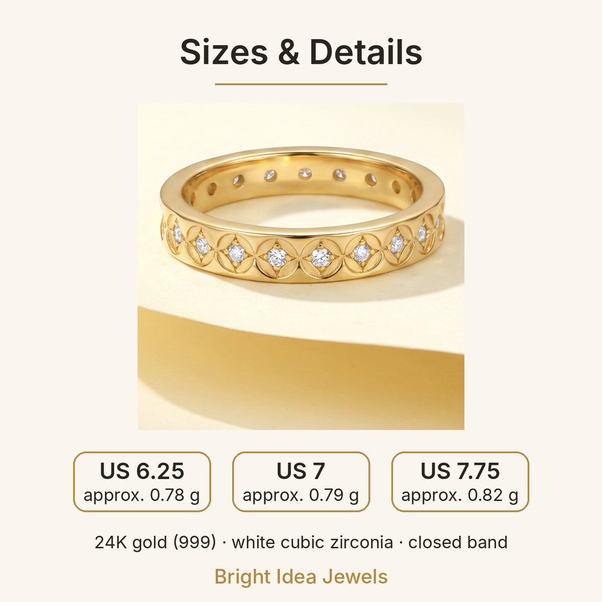 24K Solid Gold Coin Eternity Ring – 999 Gold Band with Sparkling Stones