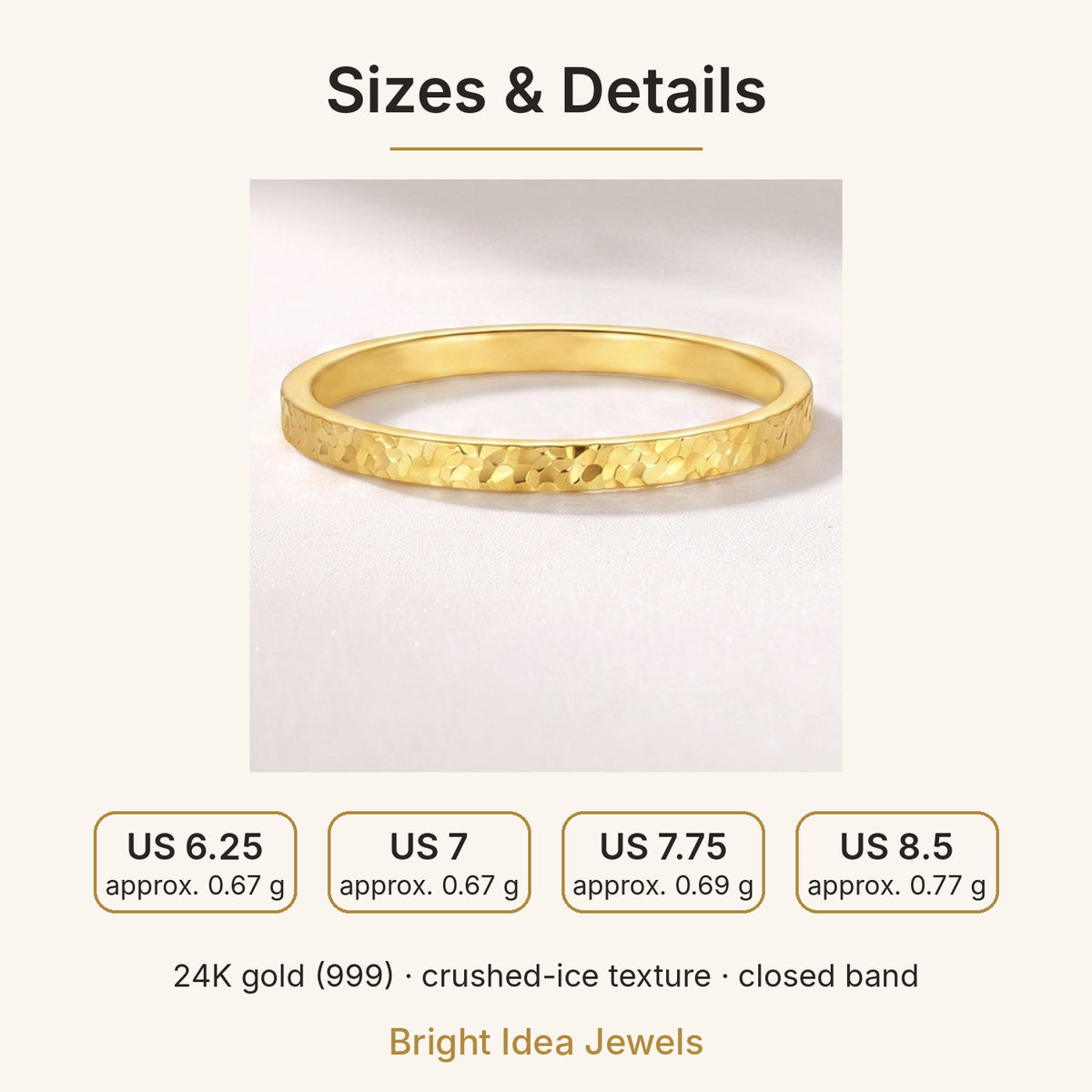 24K Gold Crushed Ice Band – 999 Gold Hammered Sparkle Stacking Ring, Unisex