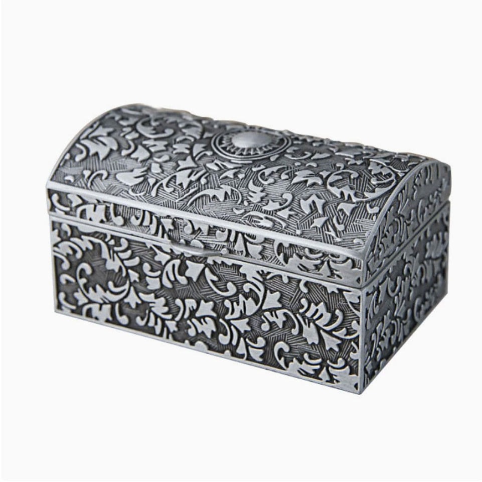 Vintage Treasure Chest Jewelry Box – Antique Pewter Floral Trinket Box with Velvet Lining