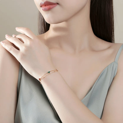 18K Rose Gold Double Chain Heart Bracelet with Agate, Mother of Pearl & Malachite