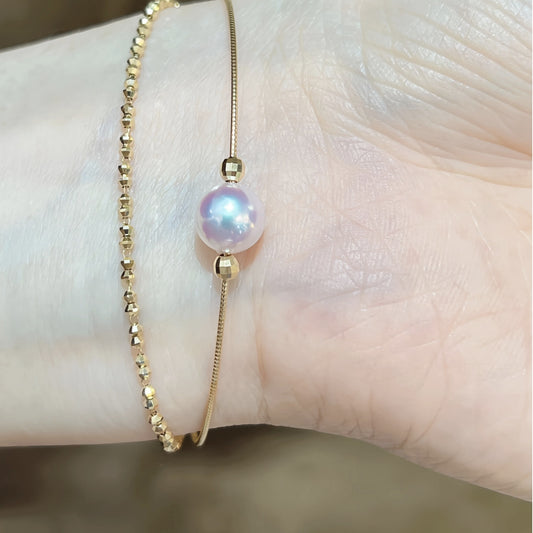 18K Solid Gold Akoya Pearl Double Bangle