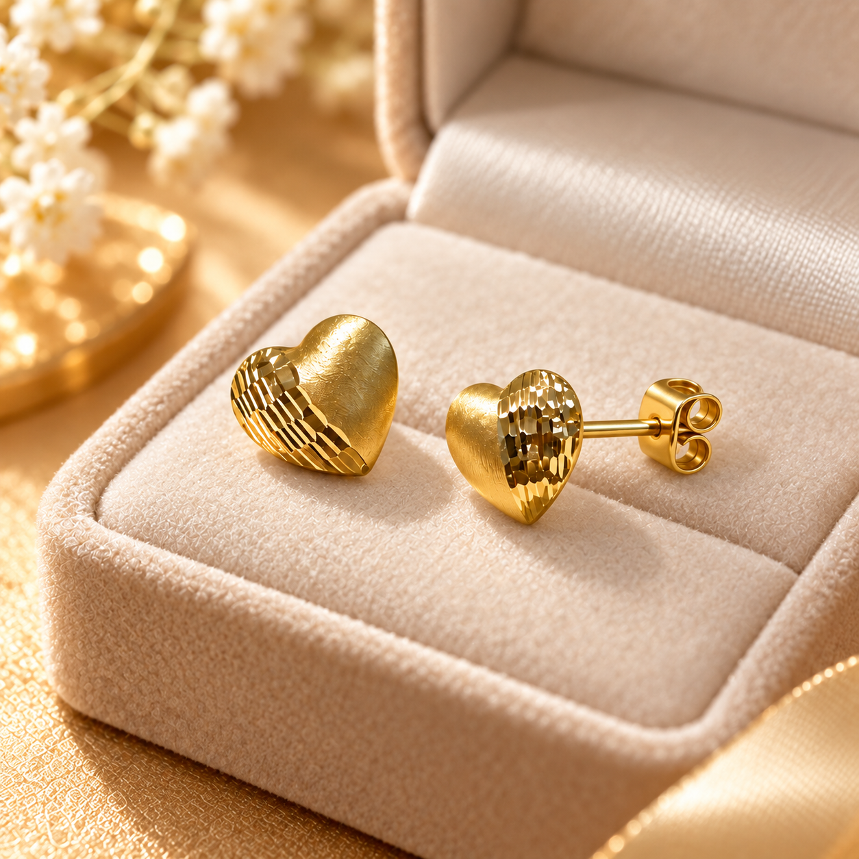 18K Solid Gold Heart Stud Earrings, Diamond-Cut & Brushed Finish, Minimalist Love Gift