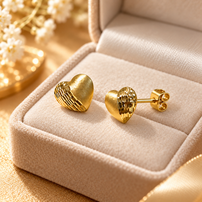 18K Solid Gold Heart Stud Earrings, Diamond-Cut & Brushed Finish, Minimalist Love Gift