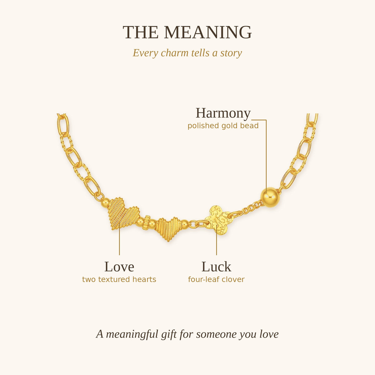 24K Pure Gold Heart & Clover Charm Bracelet