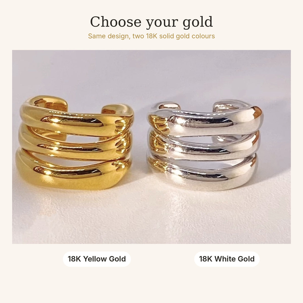 18K Solid Gold Triple Ear Cuff – No Piercing