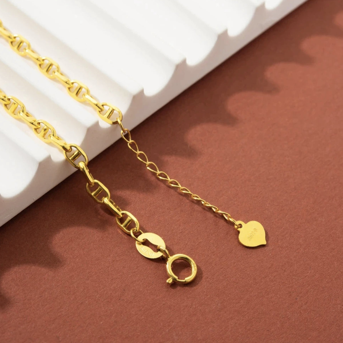 18K Solid Gold Mariner Link Bracelet – Dainty Anchor Chain Bracelet, Adjustable 16–19 cm