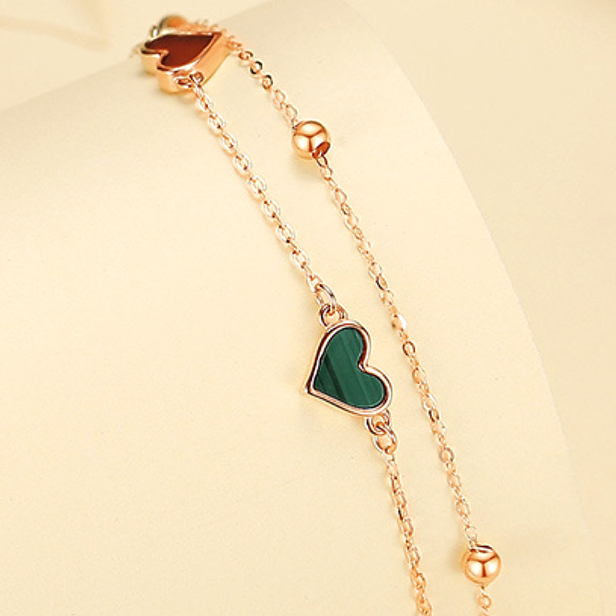 18K Rose Gold Double Chain Heart Bracelet with Agate, Mother of Pearl & Malachite