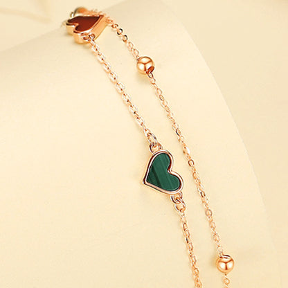 18K Rose Gold Double Chain Heart Bracelet with Agate, Mother of Pearl & Malachite