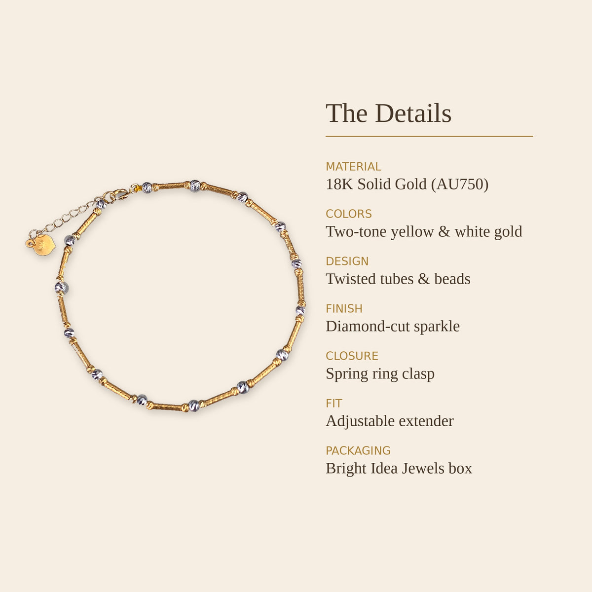 18K Solid Gold Two-Tone Tube & Bead Bracelet